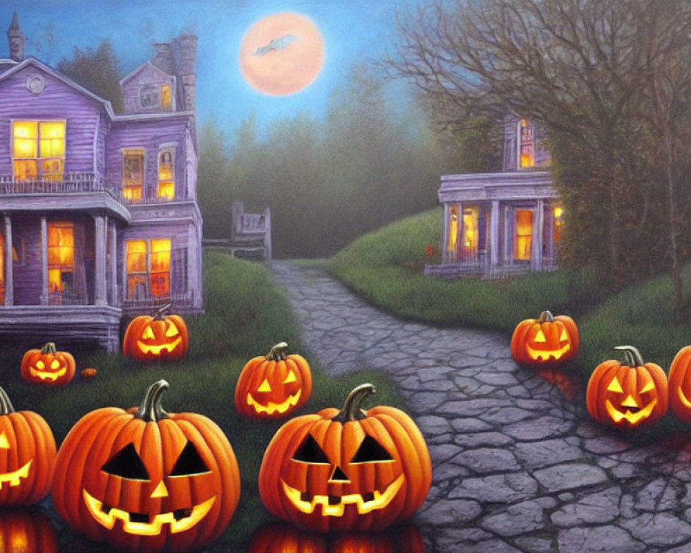 Halloween scene with jack-o'-lanterns, haunted house, full moon, and flying witch