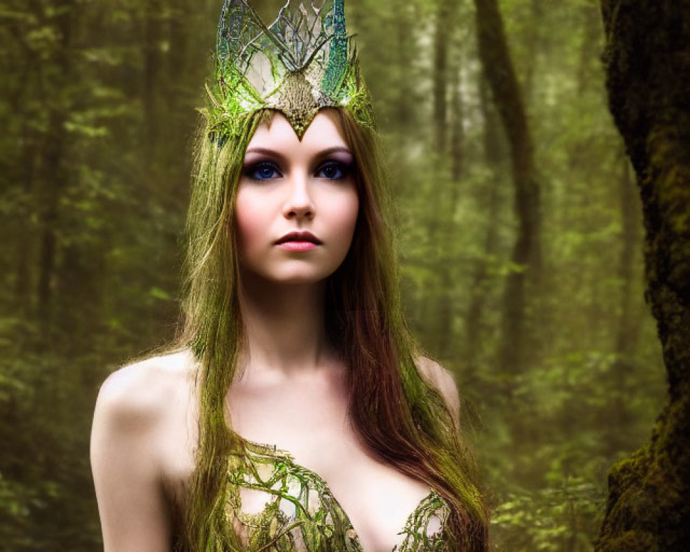 Woman in forest with branch and moss crown, wearing green outfit