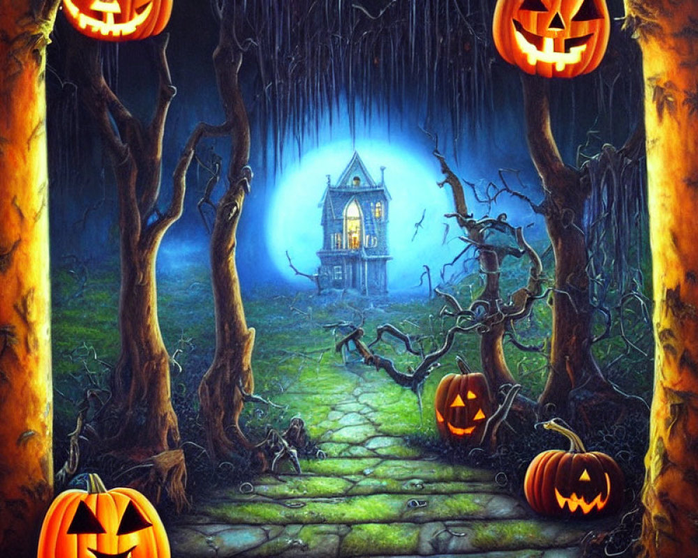 Spooky Halloween scene with jack-o'-lanterns, forest path, and haunted house