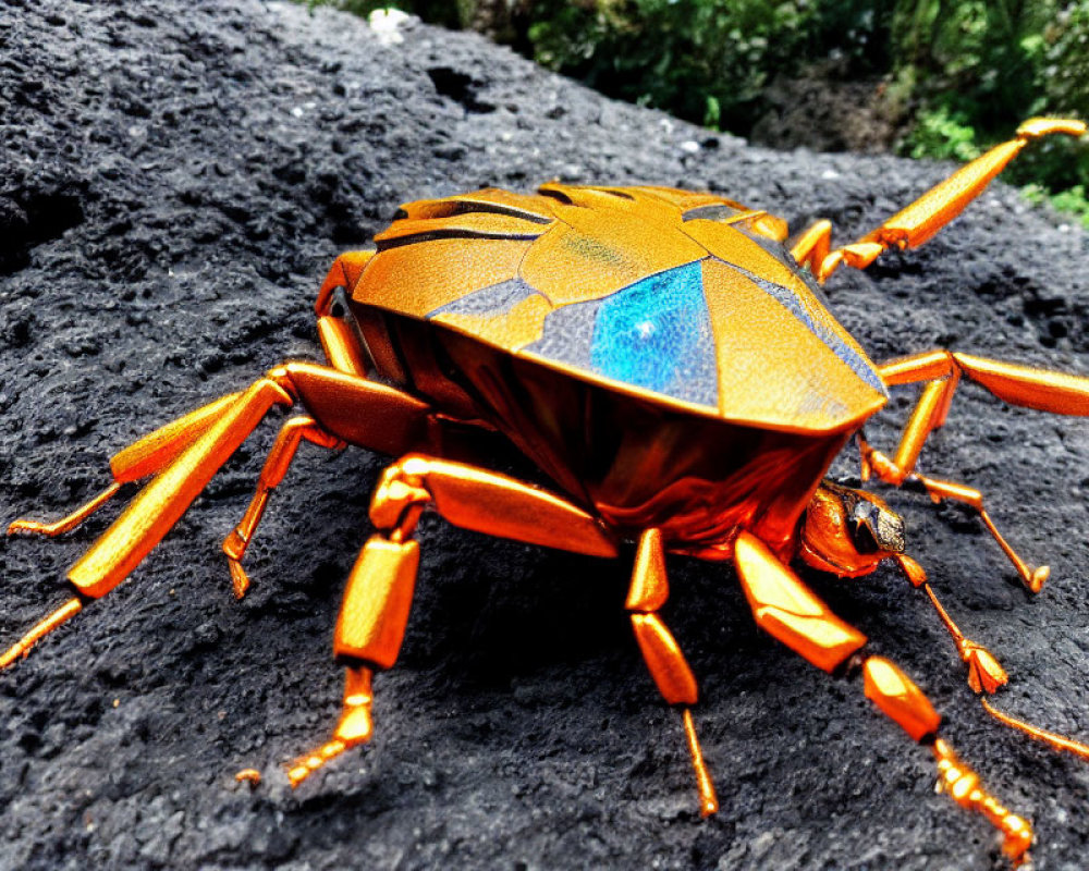 Metallic Orange Beetle-Shaped Robot on Black Rocky Surface
