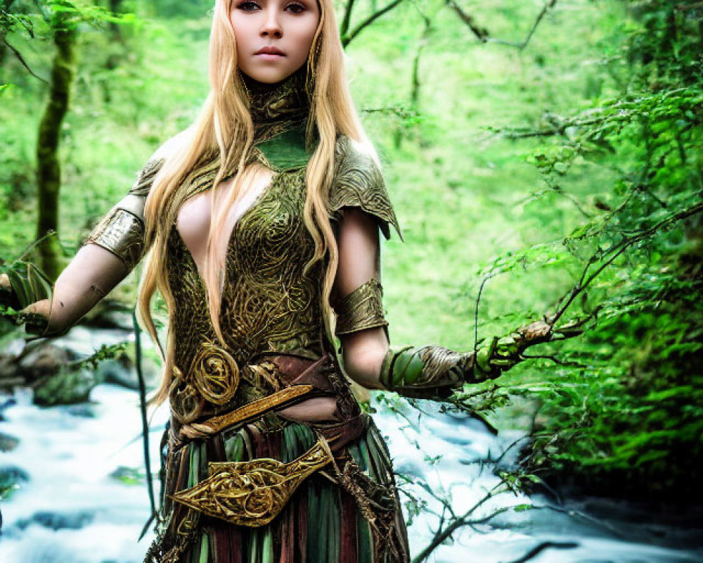 Fantasy-themed character in elaborate armor by forest stream