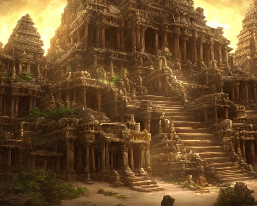 Ancient Temple with Intricate Carvings and Warm Light