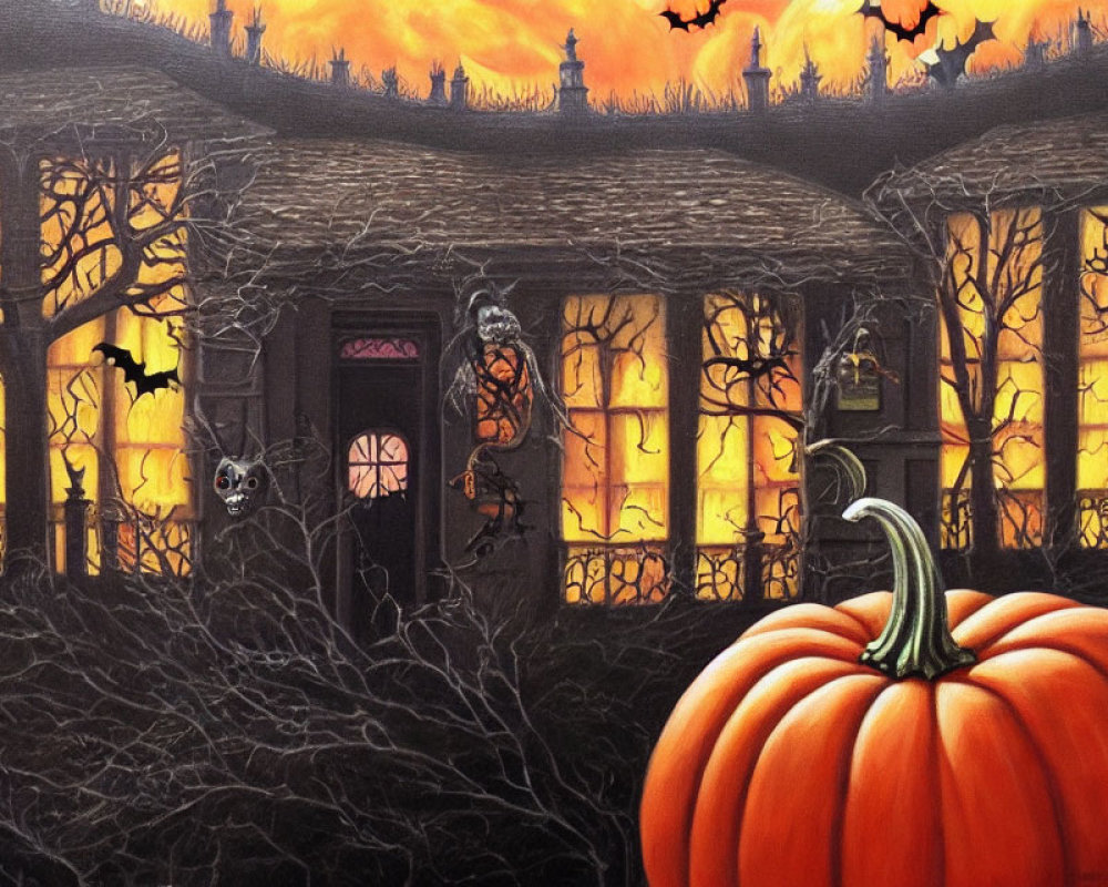 Eerie Halloween-themed painting: large pumpkin, spooky house, night sky