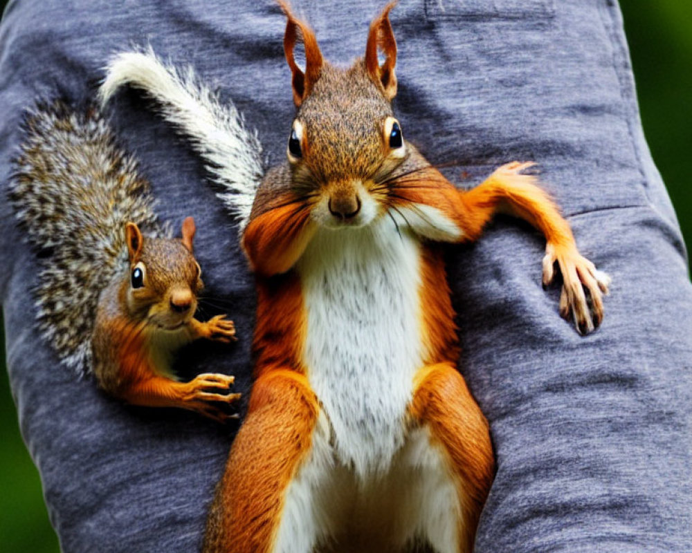 Two squirrels on person's back; one peeking over shoulder, one clinging to side