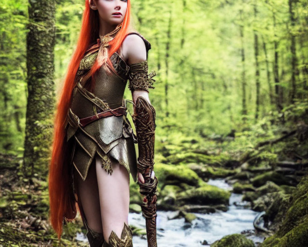 Fantasy cosplay: Elf character with red hair, green/brown armor, holding staff by stream