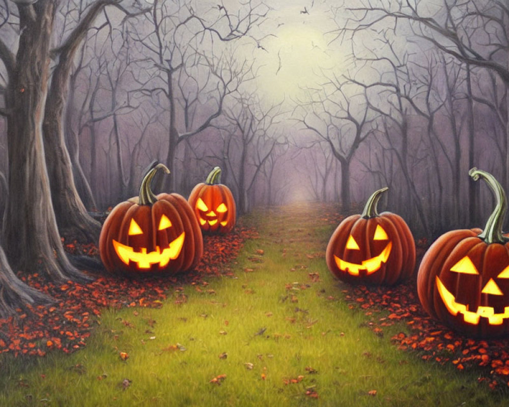 Bare Trees and Glowing Jack-o'-lanterns in Eerie Forest Path