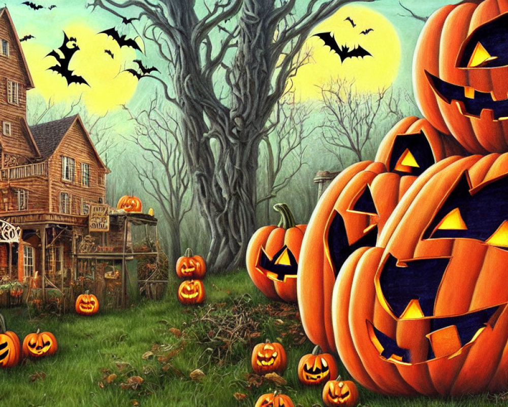 Festive Halloween scene with jack-o'-lanterns, spooky house, bats, and barren