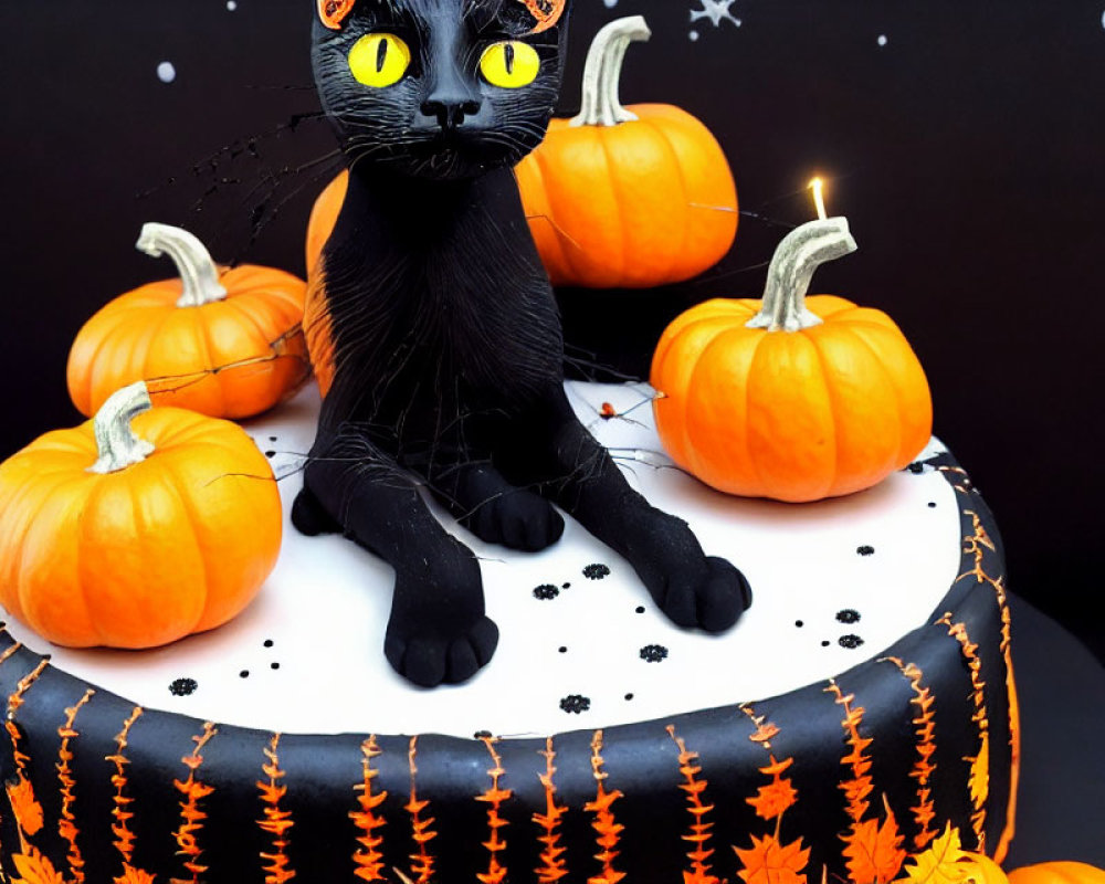 Black Cat Figurine on Halloween Cake with Pumpkins and Paw Prints