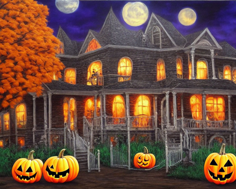 Victorian mansion at night with full moon, autumn trees, and jack-o'-lanterns