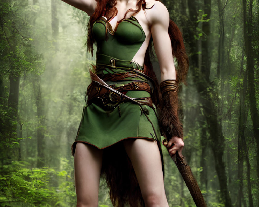 Fantasy warrior woman with red hair in green and brown outfit in misty forest