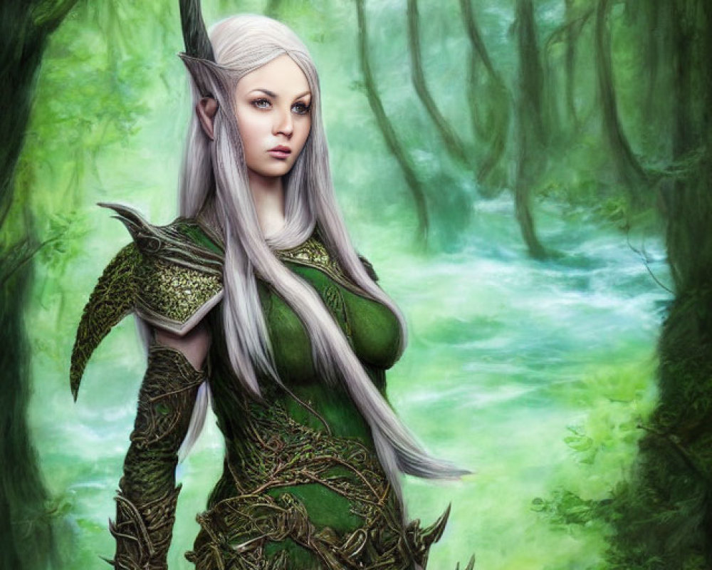White-haired elf in green and brown armor in misty forest