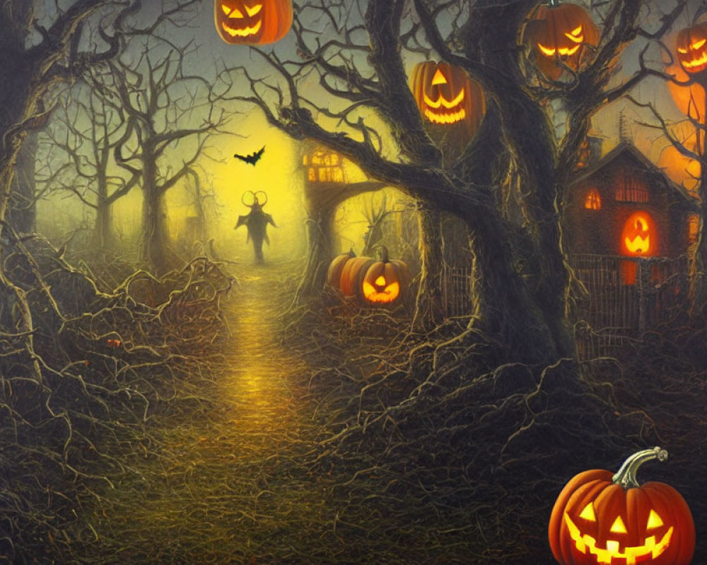Spooky Halloween scene with jack-o'-lanterns, haunted house, and witch silhouette