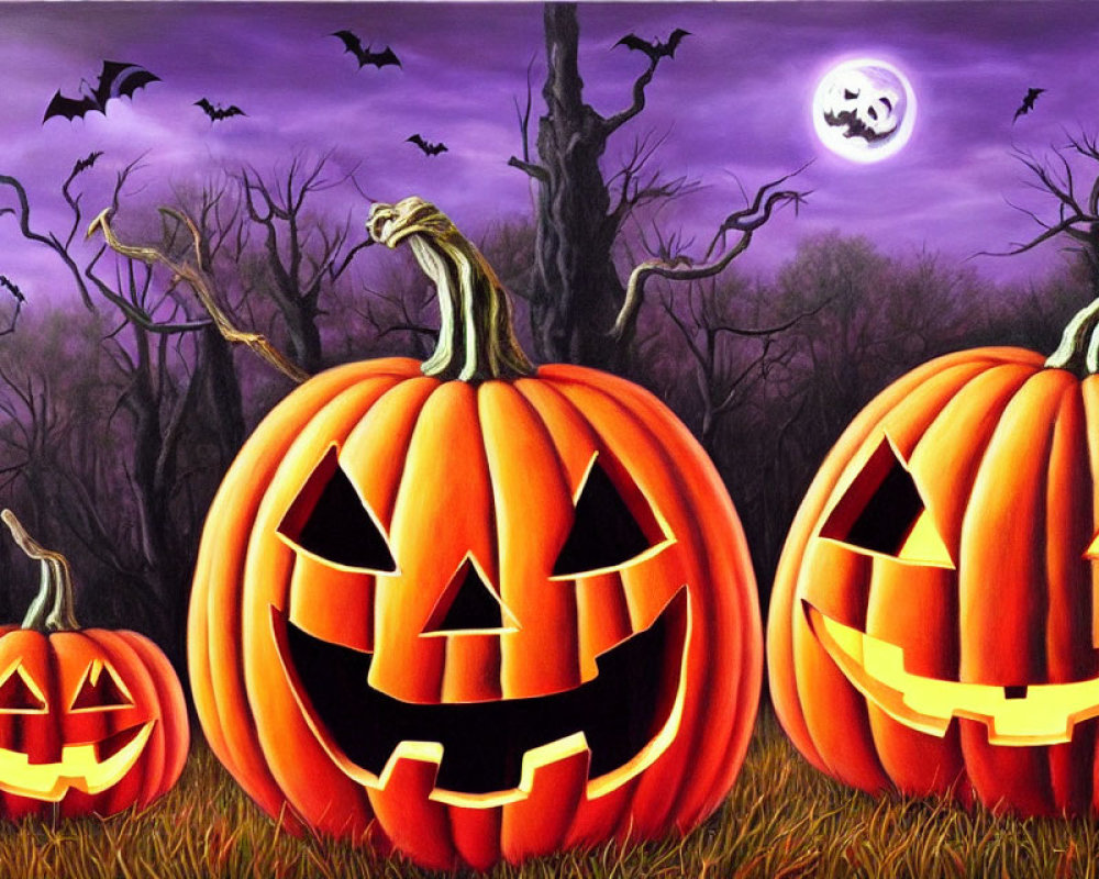Three Jack-o'-lanterns with different expressions in spooky Halloween scene.