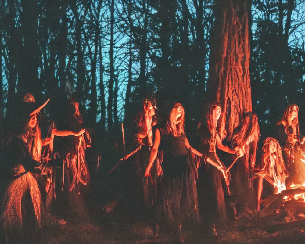 Group of People in Costumes Around Nighttime Forest Bonfire