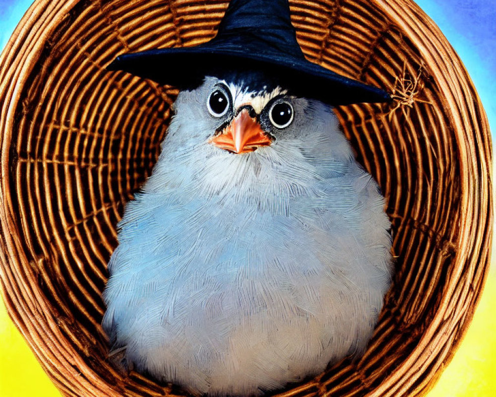 Fluffy blue bird in witch hat perched in basket on gradient background