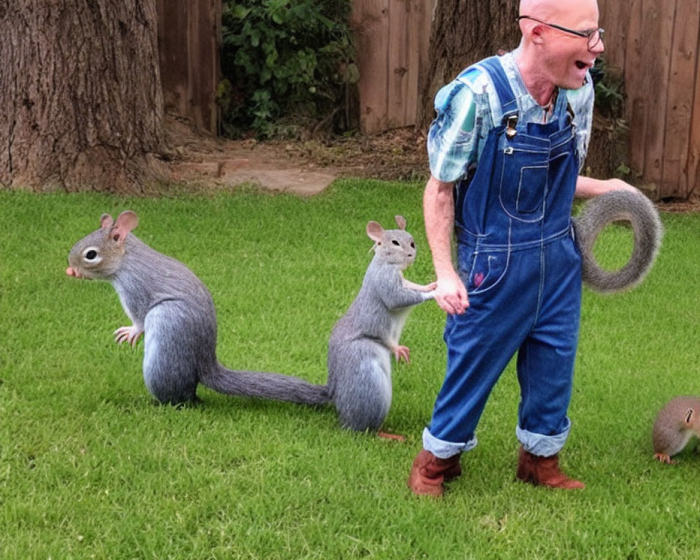 Elderly man laughing with oversized squirrel statues in backyard