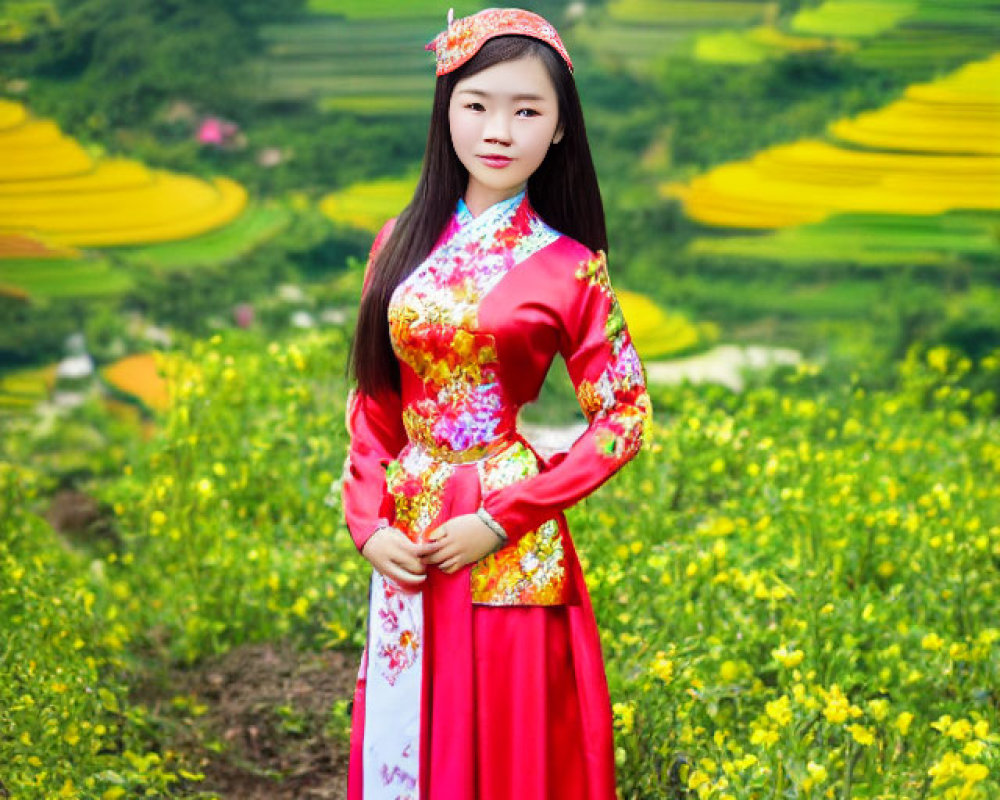 Young woman in red ao dai surrounded by green fields and mountains