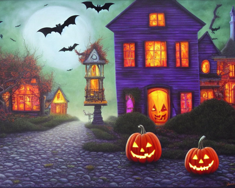 Purple Haunted House with Jack-o'-lanterns, Bats, Full Moon, and Clock