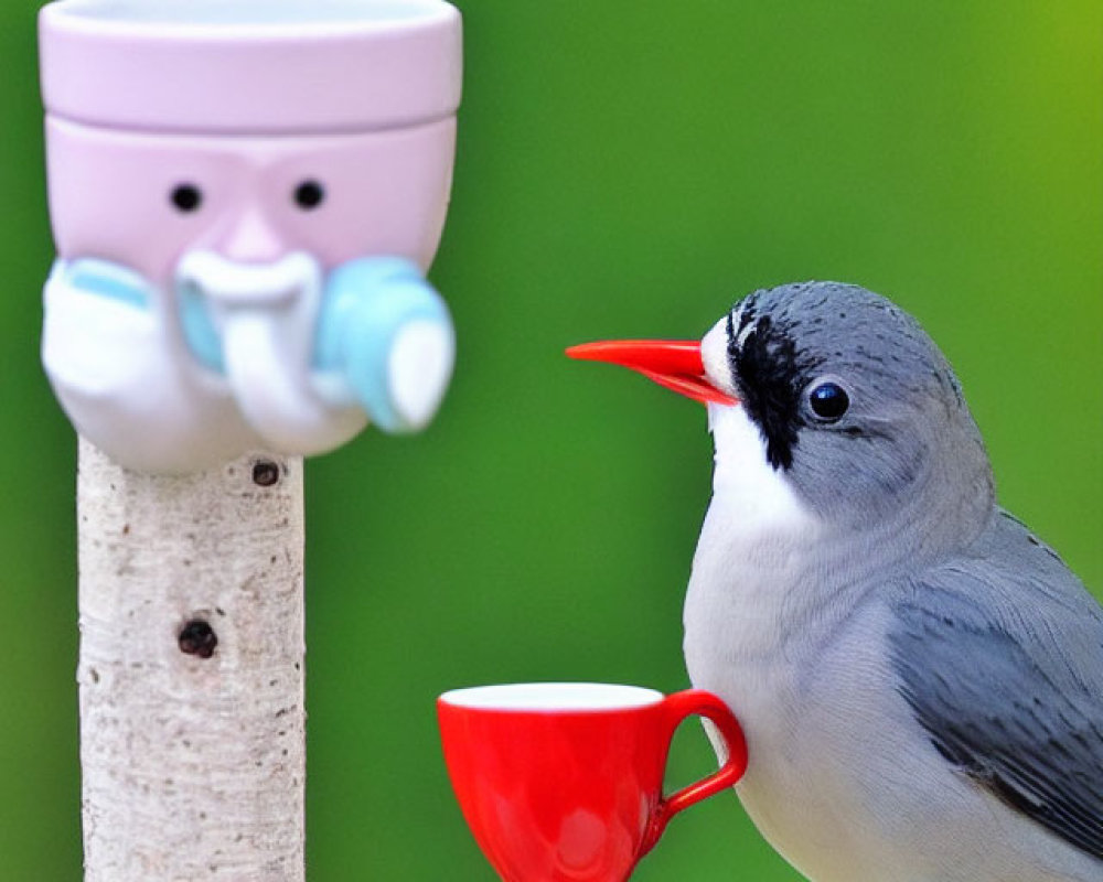 Bird perched on tree branch with face cup and red cup in beak