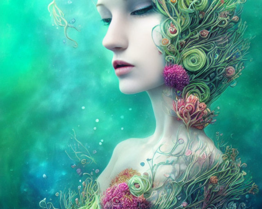 Surreal woman with flora and fauna in hair on aqua backdrop