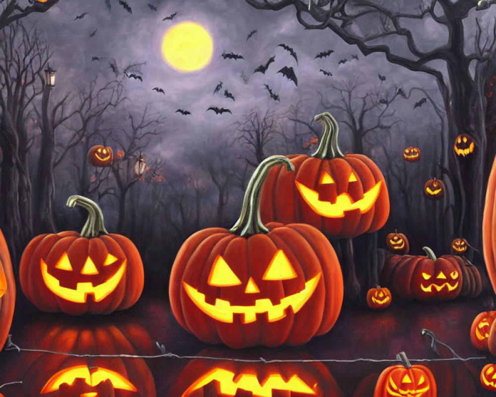 Spooky Halloween Scene: Carved Pumpkins, Full Moon, Bats, Bare Trees