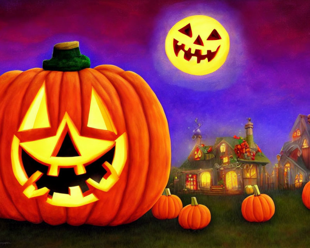 Whimsical Halloween scene with glowing jack-o'-lantern, spooky house, and full moon