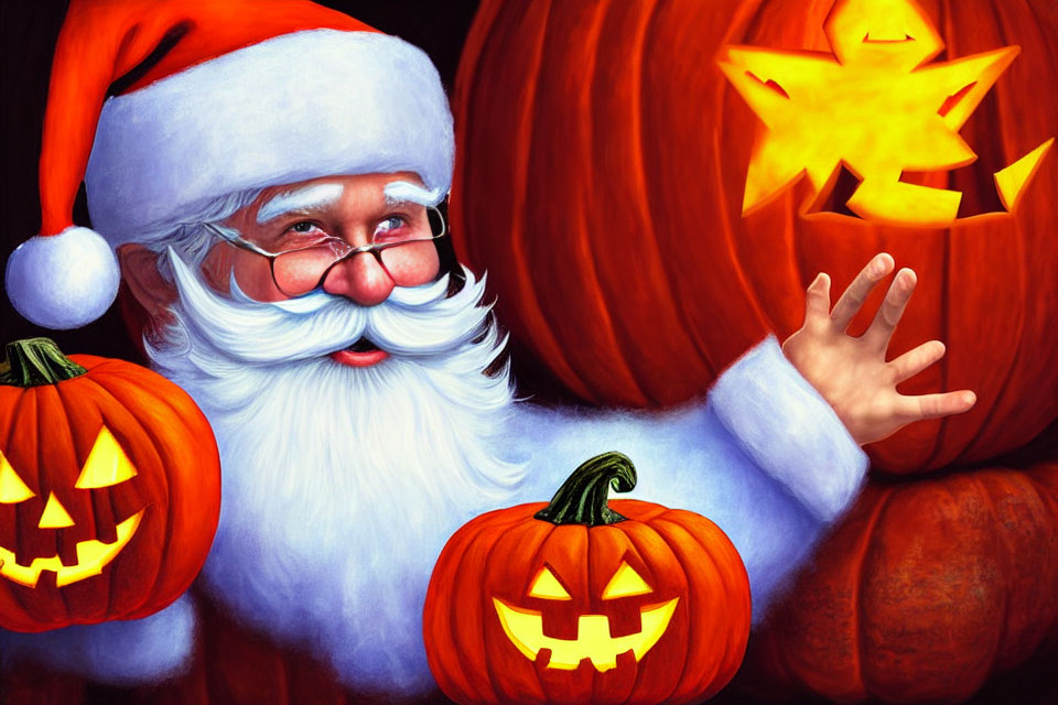 Santa Claus among glowing pumpkins blending Christmas and Halloween themes