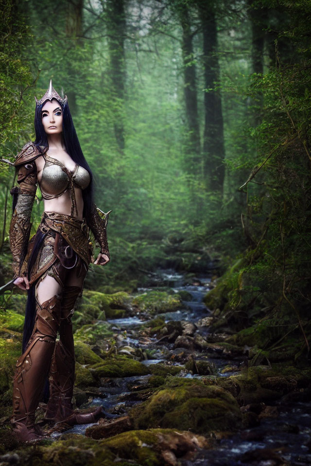 Fantasy-inspired armor-clad figure by misty forest stream