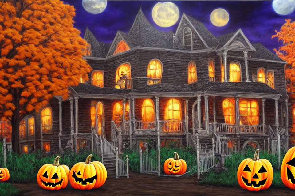 Victorian mansion at night with full moon, autumn trees, and jack-o'-lanterns