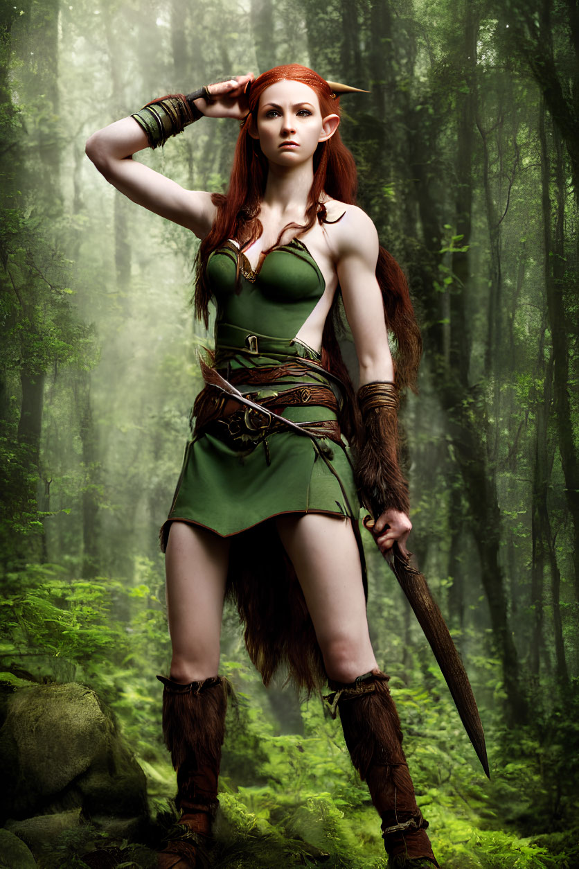 Fantasy warrior woman with red hair in green and brown outfit in misty forest
