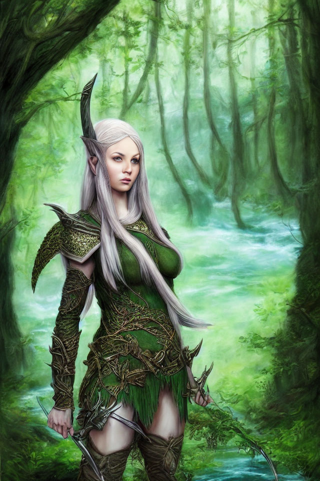 White-haired elf in green and brown armor in misty forest