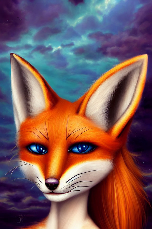 Anthropomorphic fox with blue eyes on cloudy sky background