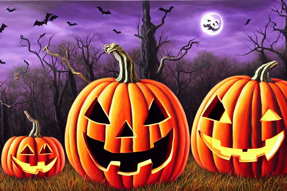 Three Jack-o'-lanterns with different expressions in spooky Halloween scene.