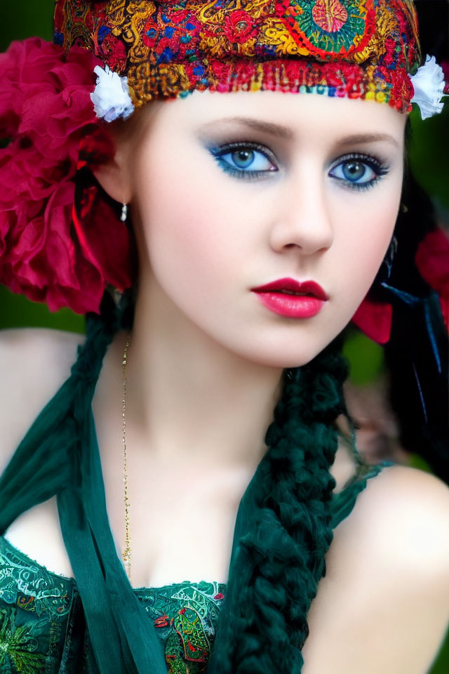 Woman in traditional attire with striking blue eyes and colorful headscarf adorned with red flowers.
