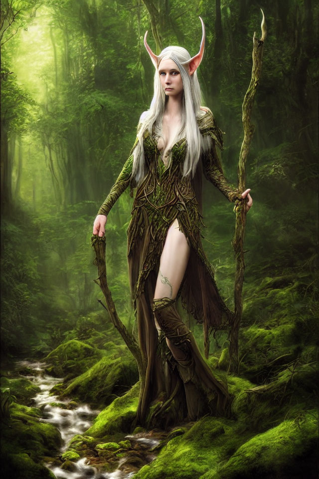 Elf-like Fantasy Character in Misty Forest with Pointed Ears and Staff