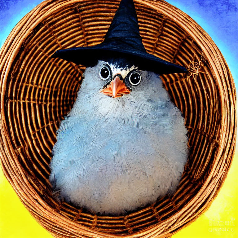 Fluffy blue bird in witch hat perched in basket on gradient background