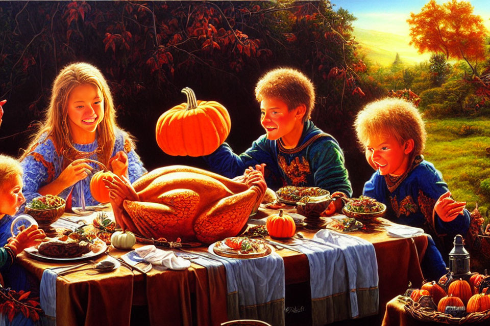Kids celebrate autumn with turkey and pumpkins on festive table