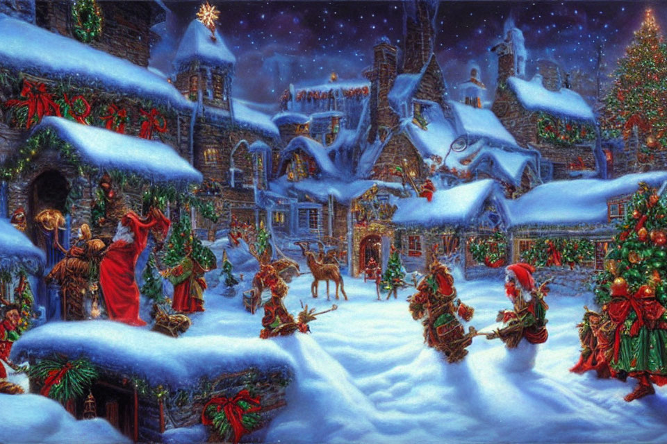 Snowy Christmas village with festive decorations and holiday characters.