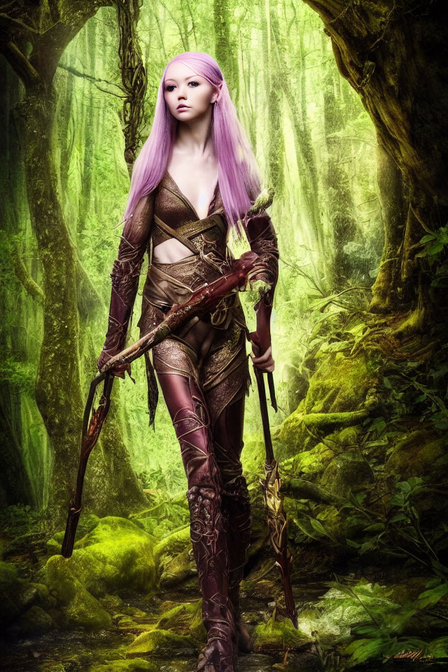 Fantasy elf with purple hair in intricate armor in mystical green forest