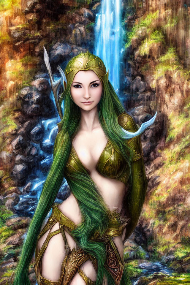 Elf woman with green hair in golden tiara and armor by waterfall