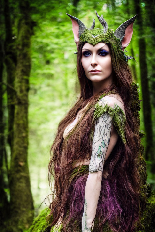 Fantasy elf cosplay with pointed ears, crown, moss, tattoos in lush green forest