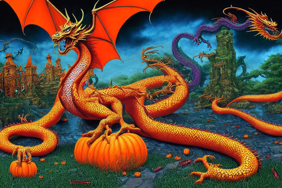 Detailed orange dragon with red wings in fantastical landscape with castle, pumpkins, gnarled trees