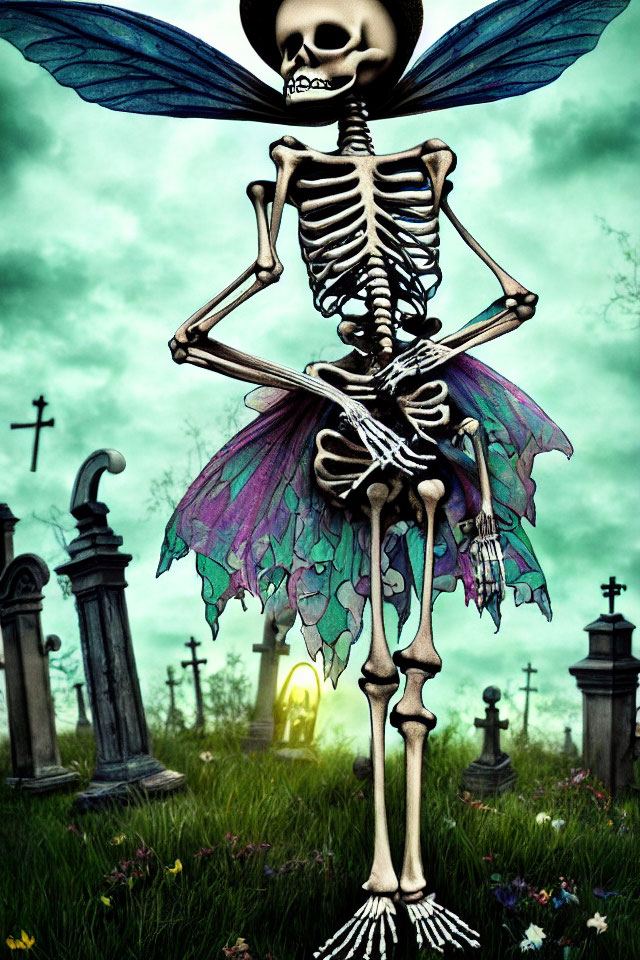 Skeleton with Butterfly Wings in Cemetery Under Stormy Sky
