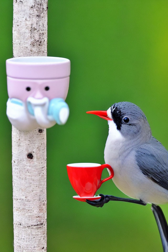 Bird perched on tree branch with face cup and red cup in beak