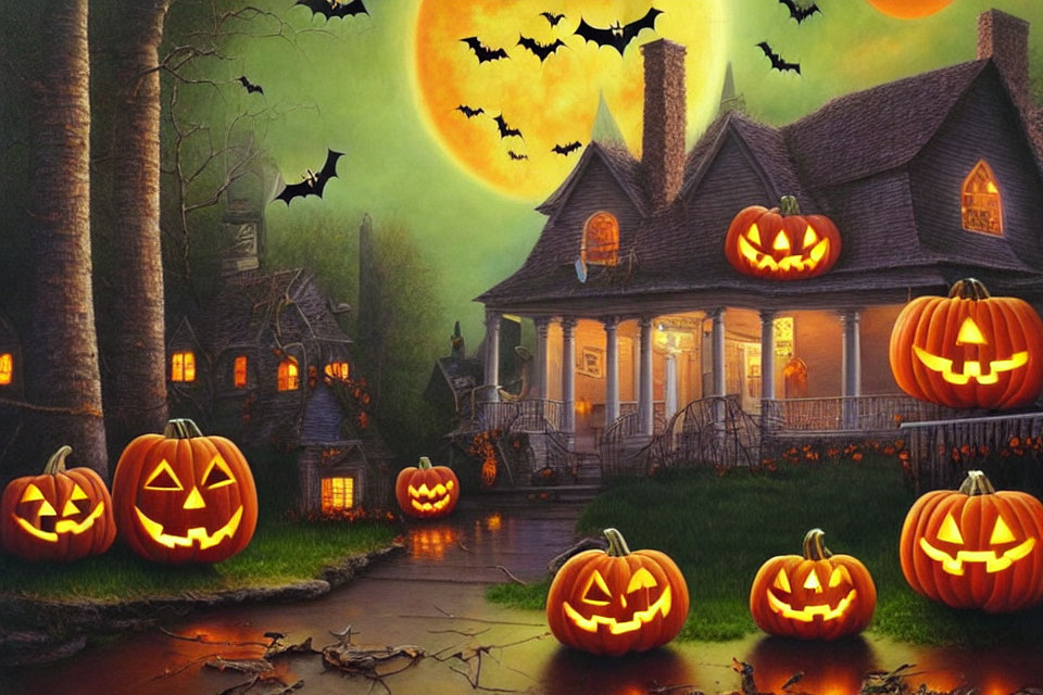 Spooky Halloween scene with jack-o'-lanterns, full moon, bats, and orange glow