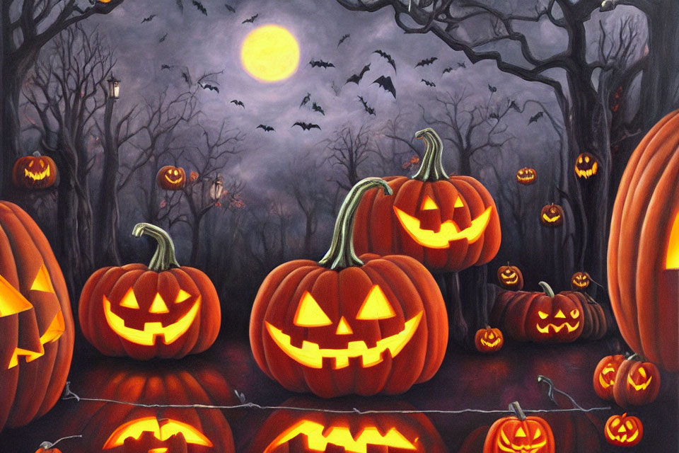 Spooky Halloween Scene: Carved Pumpkins, Full Moon, Bats, Bare Trees