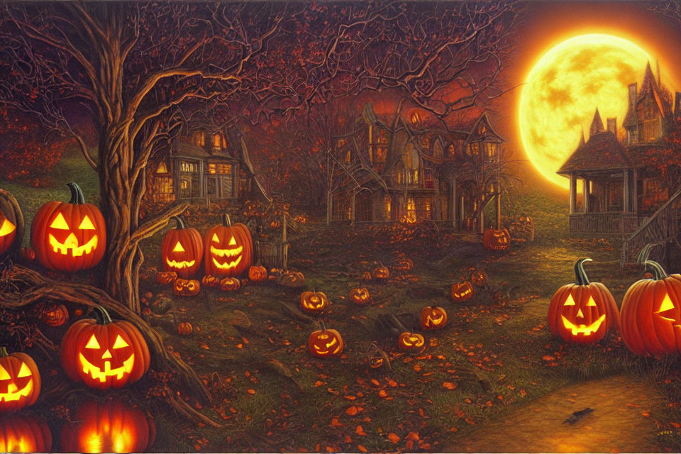 Spooky Halloween illustration with carved pumpkins and old houses