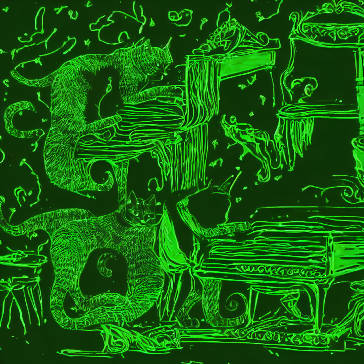 Whimsical neon green and black cat illustration with abstract dreamy furniture landscape
