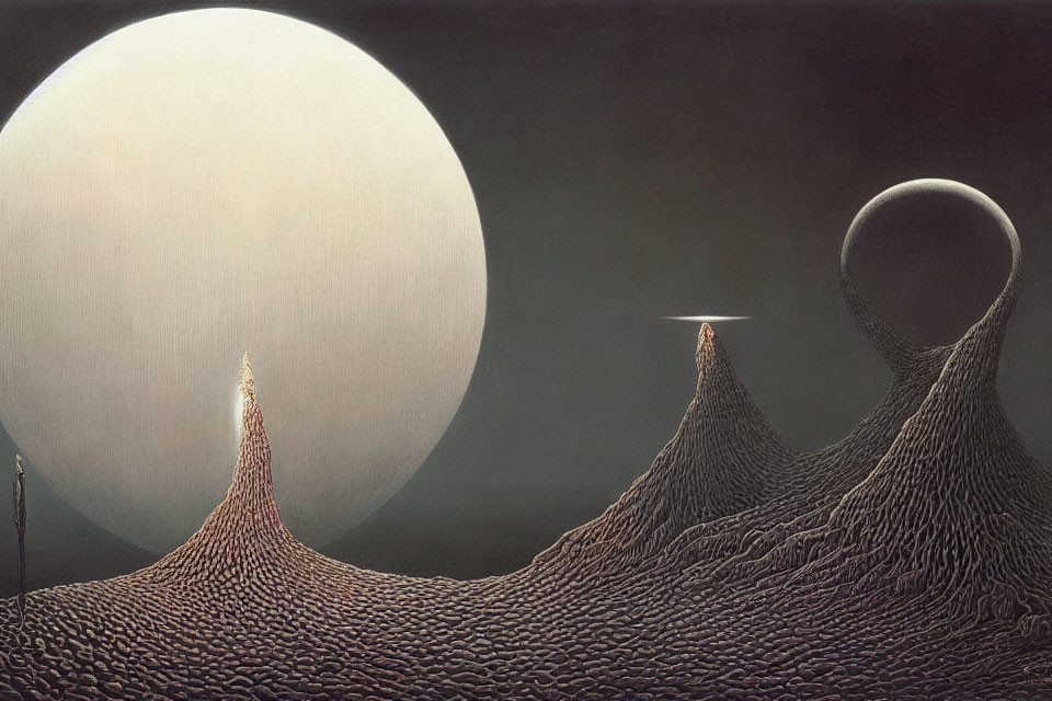 Surreal landscape featuring conical mountains under a large moon