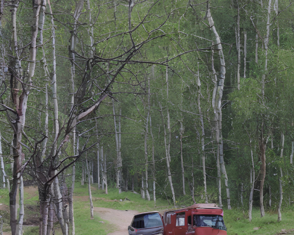 Tranquil birch forest with two old vans parked in lush greenery